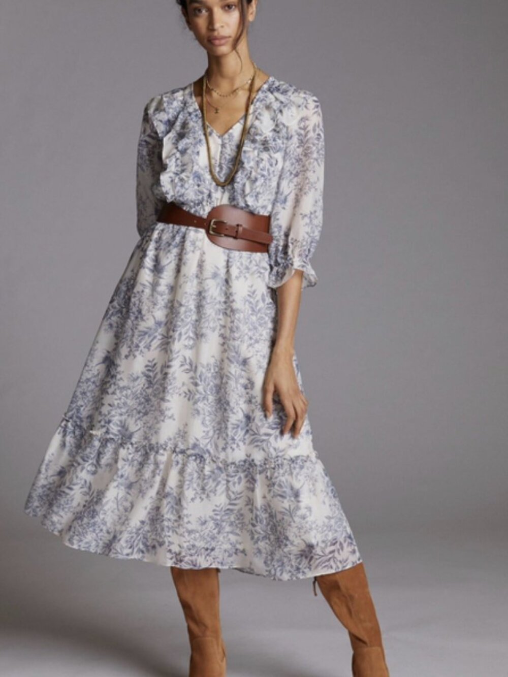 Anthropologie Floral V-Neck Maxi Dress Ruffels White & Blue Chinoiserie Small
